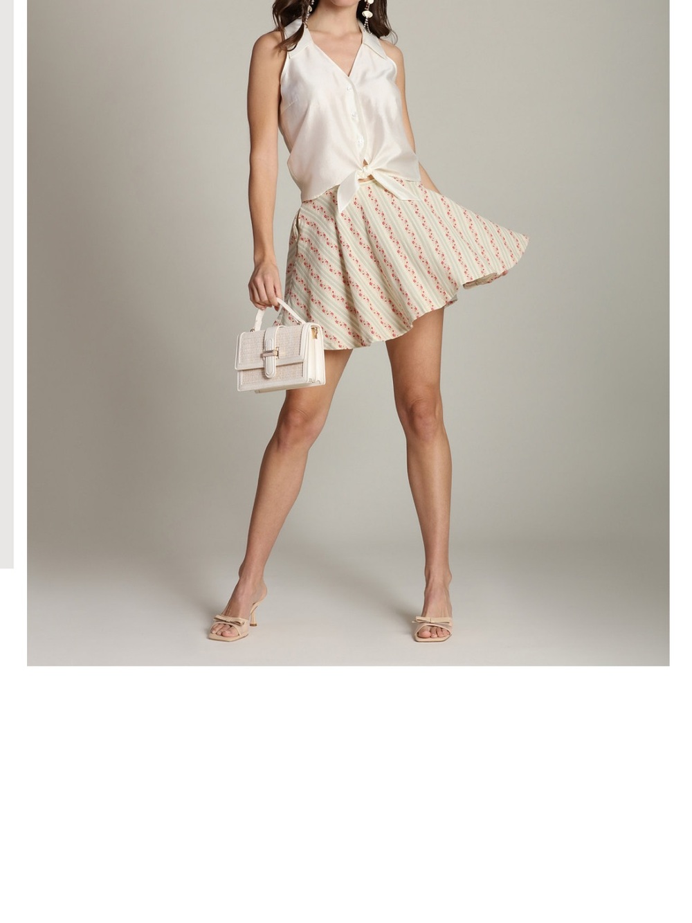 Avec Les Filles Cream A-Line Mini Skirt with Pink Floral Stripe